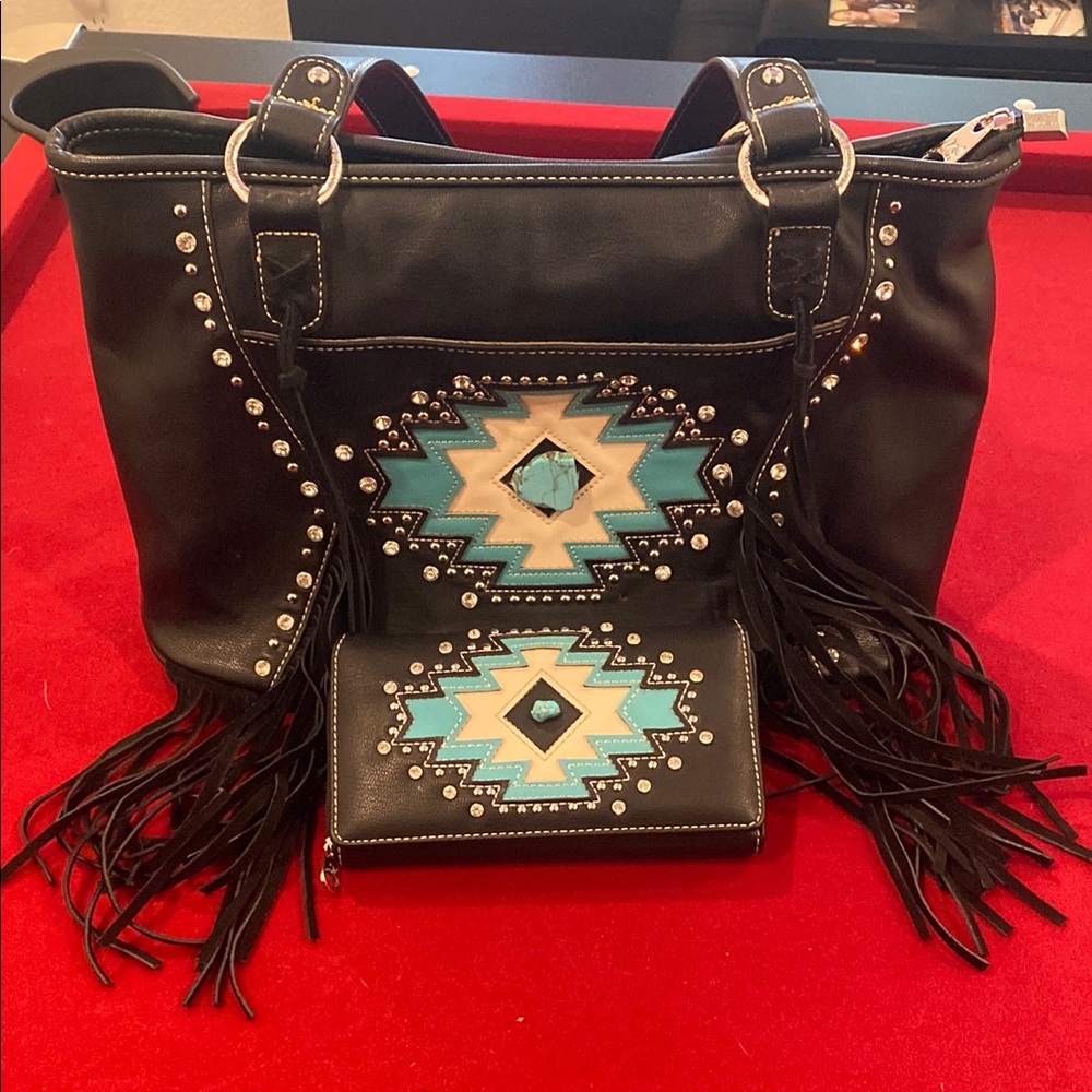 Montana West Black and Blue Shoulder Bag with Fringe